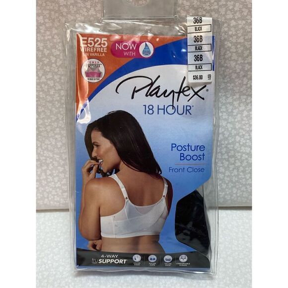 Playtex Women's 18 Hour 36B BLACK Front Close Wirefree Back Support Posture Full - Picture 3 of 13